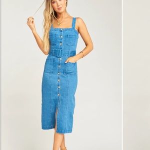 Show Me Your Mumu Theresa Blue Denim Button Front MIDI Dress Small Belted.